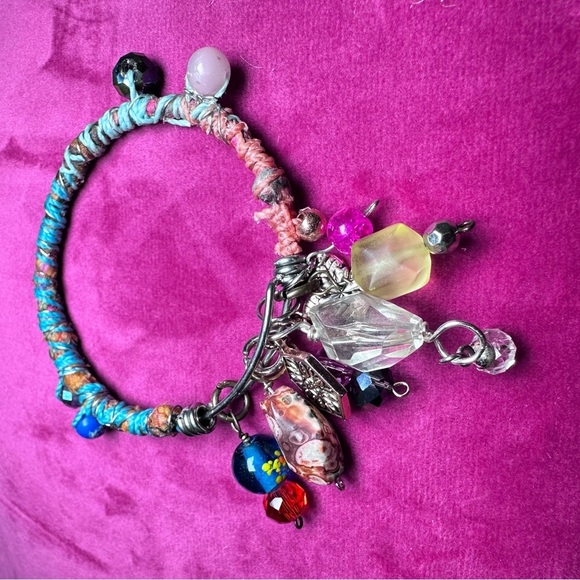 Handmade charm bracelet beaded Assemblage Bangle Thrashed Trashed Fabric shreds - Picture 5 of 14